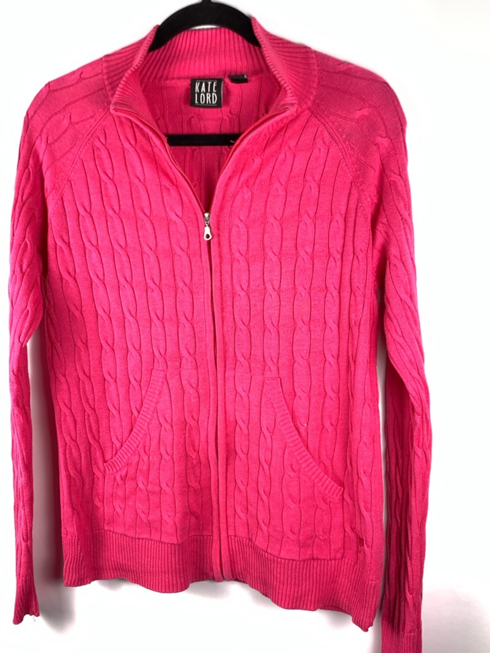 Kate Lord Womens Sweater L Pink Cable Knit Full Zip Golf Cardigan Pockets - Picture 13 of 13